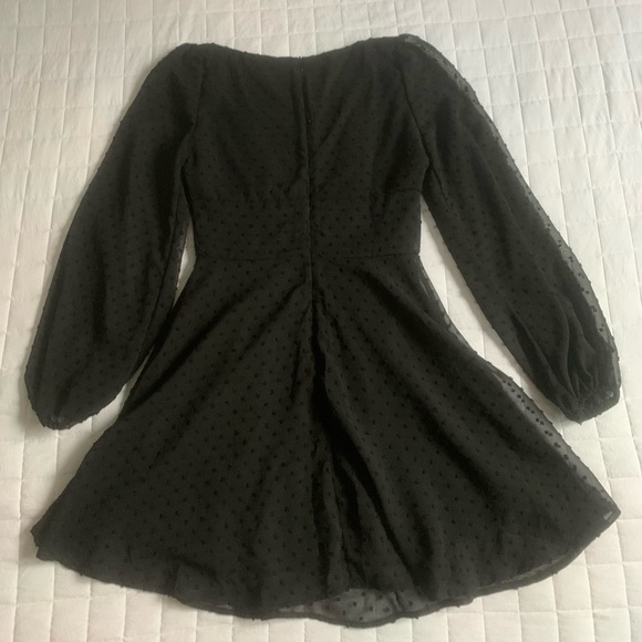 XS POLKA SWISS DOT MESH SQUARE NECK LANTERN BISHOP SLEEVE CHIFFON DRESS - Picture 4 of 5